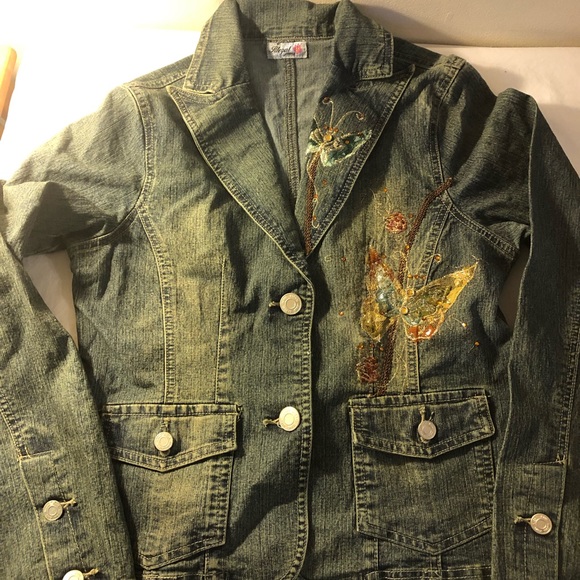 Illegal Jeans Denim Jean blazer jacket butterfly embroidered gem accents L - Picture 3 of 9